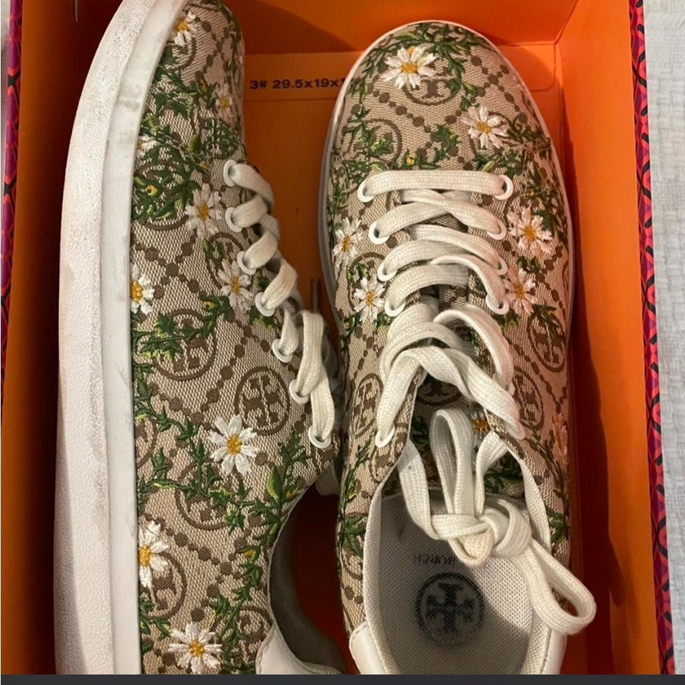 Tory Burch Floral Monogram Canvas Sneakers in Beige, White & Green